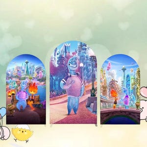 Disney Elemental Arch Backdrop Double Side Cover Disney Cartoon Cute Baby Shower Kids Birthday Photography Background Party Decor Customized