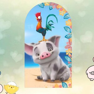 May include: A cartoon illustration featuring a smiling pig with a rooster perched on its head. The pig is gray with black spots and a pink snout. The rooster has red, orange, green, and blue feathers. The background shows a beach scene.