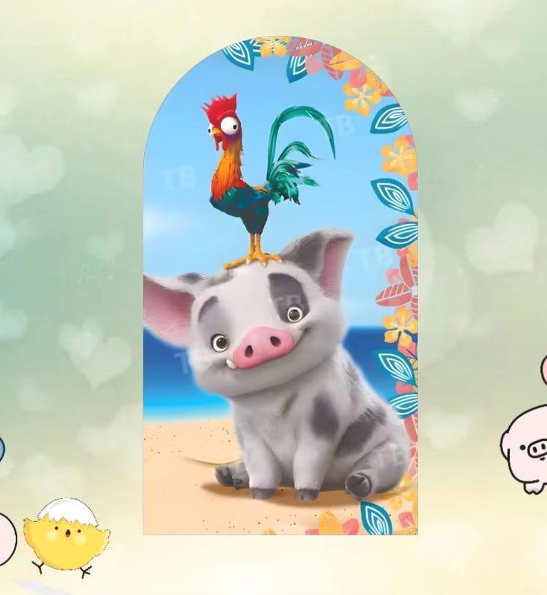 May include: A cartoon illustration featuring a smiling pig with a rooster perched on its head. The pig is gray with black spots and a pink snout. The rooster has red, orange, green, and blue feathers. The background shows a beach scene.