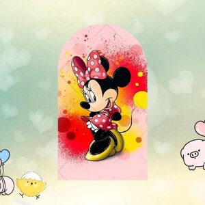 May include: A cartoon illustration of Minnie Mouse, wearing a red dress with white polka dots and a matching bow. She has yellow shoes and is set against a pink and red background with yellow accents. The image has a whimsical, playful style.