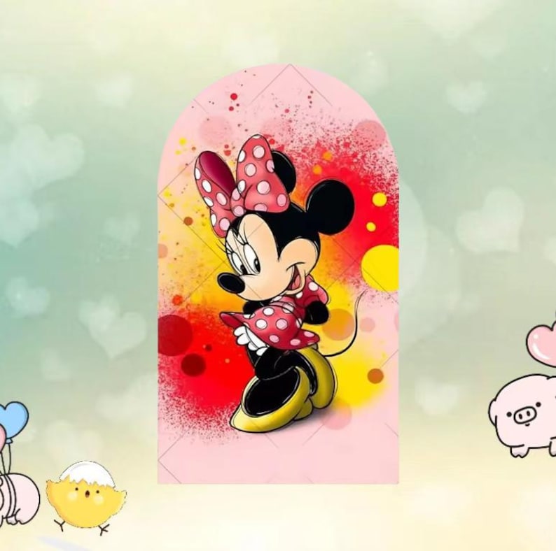 May include: A cartoon illustration of Minnie Mouse, wearing a red dress with white polka dots and a matching bow. She has yellow shoes and is set against a pink and red background with yellow accents. The image has a whimsical, playful style.