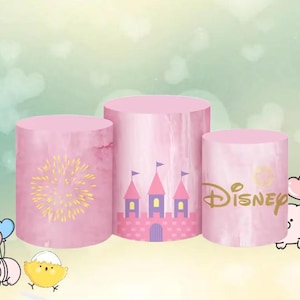 Disney Princess Castle Round Backdrop Pink girl Baby Shower Elastic Cylinder Cake Photo Background Cover Photography Party Decor