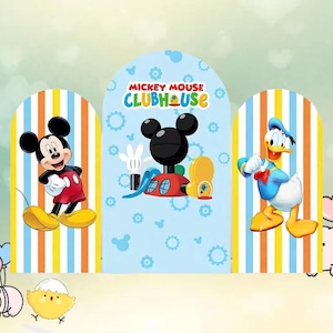 May include: A vibrant backdrop featuring Mickey Mouse, Donald Duck, and the Mickey Mouse Clubhouse logo. Mickey Mouse is in a red and black outfit, Donald Duck in a blue sailor suit. The background has vertical stripes in various colours.