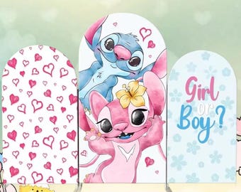 Fondo de arco de Stitch y ángel con cubierta de doble cara, fondo de dibujos animados de Disney para baby shower de niño y niña, decoración elástica personalizada para fiesta de cumpleaños