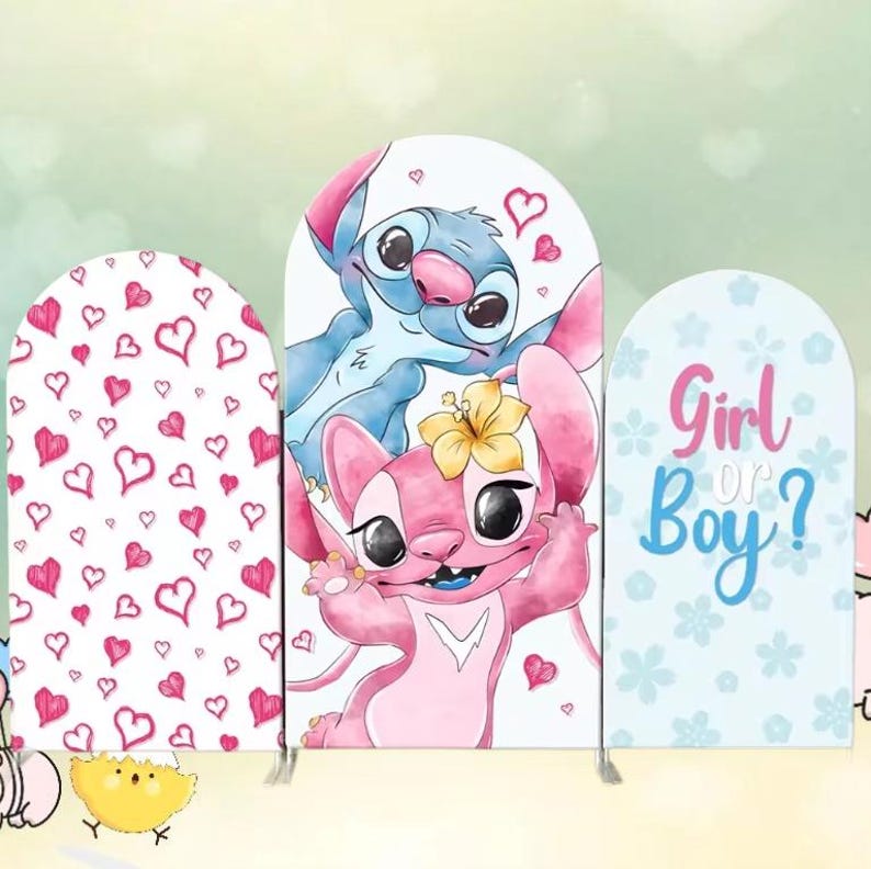 Puede incluir: Tres paneles arqueados con ilustraciones. El panel izquierdo tiene un patr&oacute;n de corazones rosas sobre un fondo blanco. El panel central presenta personajes de dibujos animados azules y rosas. El panel derecho tiene el texto "Girl or Boy?" sobre un fondo azul claro.