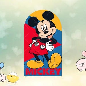 May include: A colorful graphic of Mickey Mouse in a red shorts, yellow shoes, and white gloves. The background is a mix of red, blue, and yellow. The word "MICKEY" is written in red at the bottom.