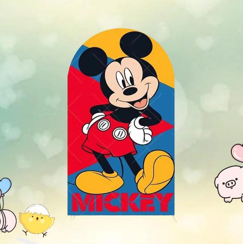 May include: A colorful graphic of Mickey Mouse in a red shorts, yellow shoes, and white gloves. The background is a mix of red, blue, and yellow. The word "MICKEY" is written in red at the bottom.