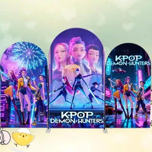 May include: Three arched panels featuring the animated characters from "KPOP Demon Hunters." The panels display vibrant scenes with the title text. The characters are depicted in dynamic poses, with a futuristic cityscape and fireworks in the background.