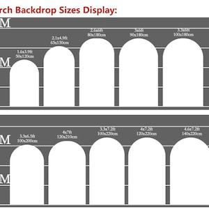 May include: Diagram showing various sizes of arch backdrops, including measurements in feet and inches. The text "Arch Backdrop Sizes Display" is at the top. The backdrops are white arches with gray borders, labeled with dimensions like 2.6x6ft and 3x6ft.