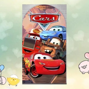May include: A vibrant graphic featuring characters from the animated film "Cars." The image displays Lightning McQueen, Mater, and other vehicles set against a desert backdrop. The "Cars" logo is prominently displayed at the top.