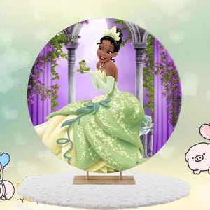 Disney Round Backdrop Cartoon Princess Tiana With Frog Baby Shower Photography Birthday Party Cylinder Cover Background Cloth Cover Decor