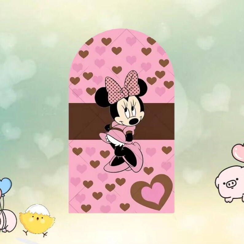 May include: A pink and brown Minnie Mouse design. The design features Minnie Mouse in a pink dress and bow, set against a pink background with brown hearts. The design is on a pink arch shape.