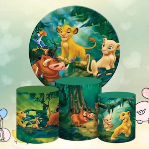 Fondo redondo de dibujos animados de El Rey León de Disney con temática de bosque para baby shower, cubierta elástica cilíndrica, fondo para fotografía, decoración para fiesta