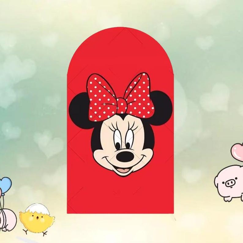 May include: A red graphic featuring Minnie Mouse's face with a polka-dot bow. The cartoon character has black ears and a smiling expression. The background is a light green with white heart shapes.