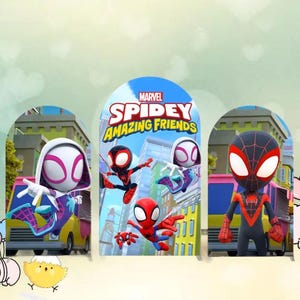 May include: A cartoon image featuring characters from Marvel's "Spidey and His Amazing Friends." The characters include Spidey, Ghost-Spider, and Miles Morales. The image has a colorful background with the show's logo and a yellow food truck.