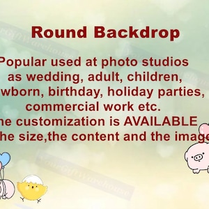 May include: A round backdrop with text that reads "Round Backdrop". It is popular for photo studios, weddings, birthdays, and holiday parties. Customization is available for size, content, and image.