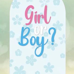 Puede incluir: Un letrero azul claro con un estampado floral y las palabras "Girl or Boy?" en escritura rosa y azul. El signo de interrogaci&oacute;n es azul y la palabra "or" es blanca.