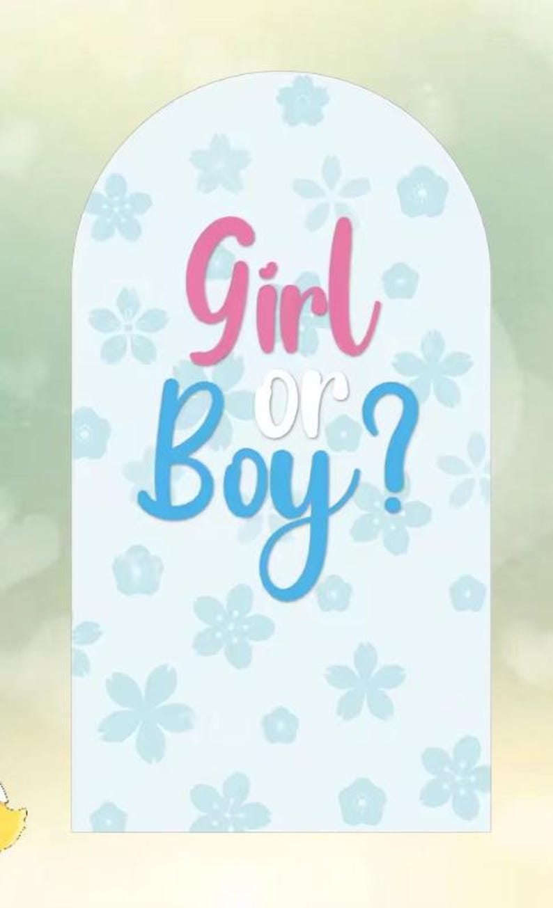 Puede incluir: Un letrero azul claro con un estampado floral y las palabras "Girl or Boy?" en escritura rosa y azul. El signo de interrogaci&oacute;n es azul y la palabra "or" es blanca.