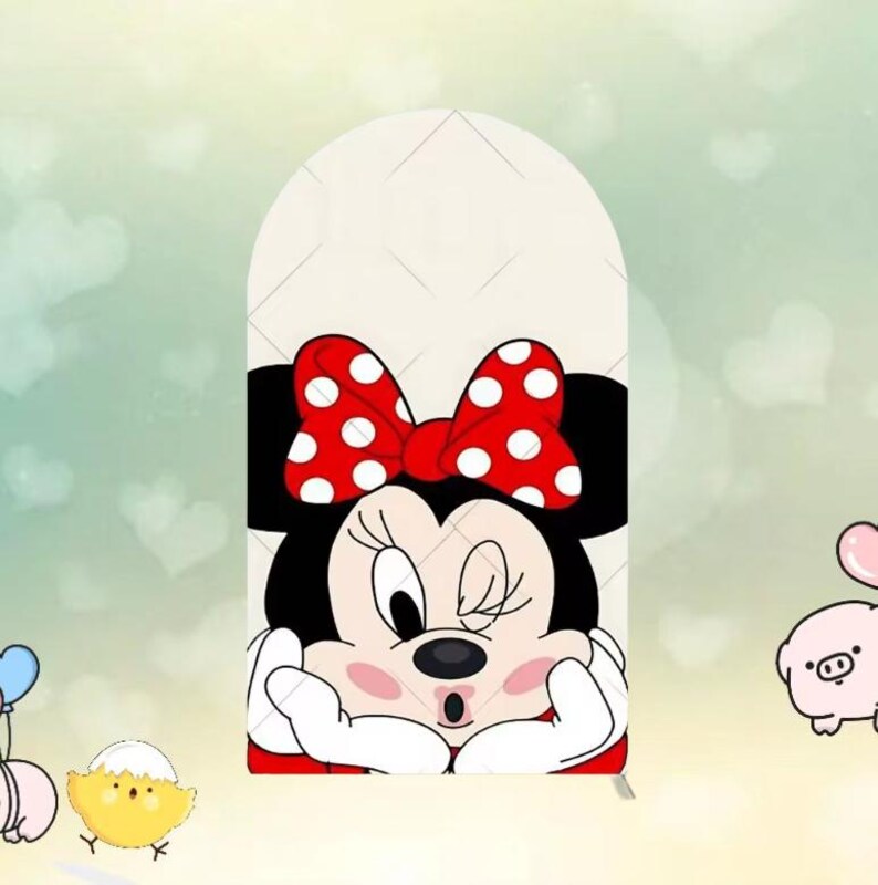 May include: A cartoon illustration of Minnie Mouse with a red bow with white polka dots. Minnie Mouse is winking and has her hands under her chin. The background is a light green with white hearts.
