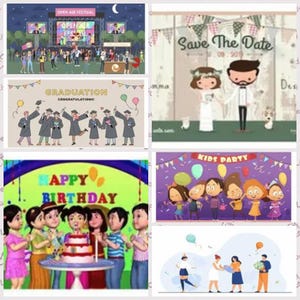 May include: A collage of six images depicting different events. The top left image shows a stage with a banner that reads "Open Air Festival". The top right image is a wedding invitation with the text "Save The Date". The middle left image shows a group of people in graduation gowns with the text "Graduation Congratulations!" The middle right image shows a group of people in a cartoon style with the text "Kids Party". The bottom left image shows a group of people celebrating a birthday with a cake and the text "Happy Birthday". The bottom right image shows a group of people with balloons and the text "Kids Party".