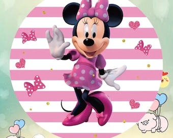 Minnie Mouse Birthday Party Backdrop, Pink Stripes, Polyester Round Decor