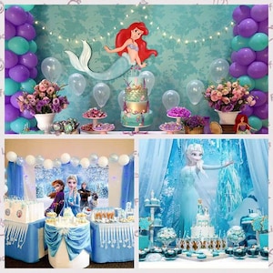 K&ouml;nnte beinhalten: Eine Collage von Partydekorationen mit Themen aus Disneys Frozen und The Little Mermaid. Die Dekorationen umfassen Kuchen, Luftballons, Blumen und Charakter-Ausschnitte in Blau-, Lila- und T&uuml;rkist&ouml;nen.