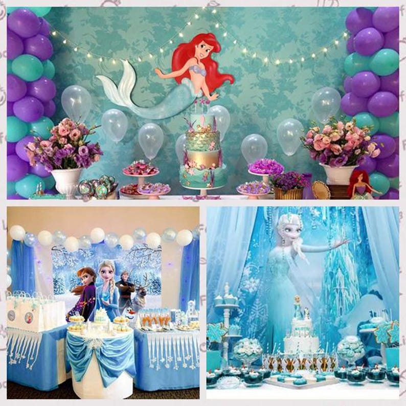 K&ouml;nnte beinhalten: Eine Collage von Partydekorationen mit Themen aus Disneys Frozen und The Little Mermaid. Die Dekorationen umfassen Kuchen, Luftballons, Blumen und Charakter-Ausschnitte in Blau-, Lila- und T&uuml;rkist&ouml;nen.