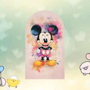 May include: A watercolor-style illustration of Mickey Mouse, in a standing pose, against a pink backdrop with colorful paint splatters. Mickey is wearing red shorts, yellow shoes, and white gloves. The background is a soft green with heart shapes.