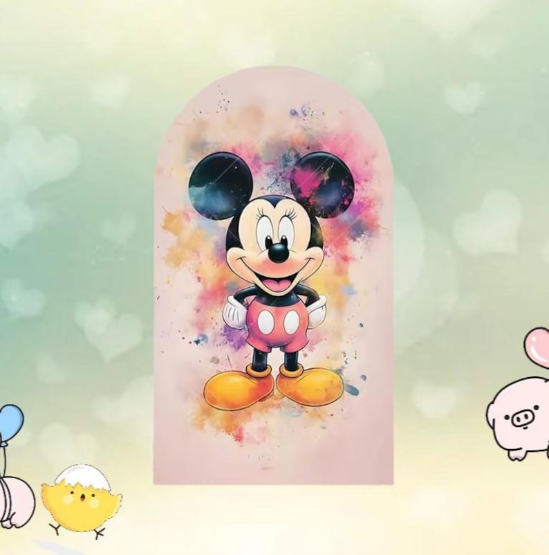 May include: A watercolor-style illustration of Mickey Mouse, in a standing pose, against a pink backdrop with colorful paint splatters. Mickey is wearing red shorts, yellow shoes, and white gloves. The background is a soft green with heart shapes.