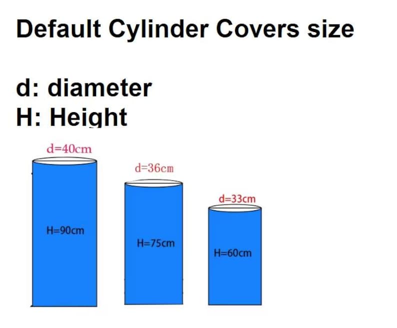 May include: Diagram showing three blue cylinder covers with dimensions. The largest cover is 40cm in diameter and 90cm high. The medium cover is 36cm in diameter and 75cm high. The smallest cover is 33cm in diameter and 60cm high.