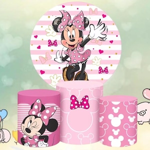 Minnie Mouse Round Backdrop Pink Cartoon Girl Cake Table Cylinder Cover Custom Kids Birthday Party Decor Baby Shower Photography