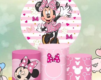 Minnie Mouse Round Backdrop Pink Cartoon Girl Cake Table Cylinder Cover Custom Kids Birthday Party Decor Baby Shower Photography