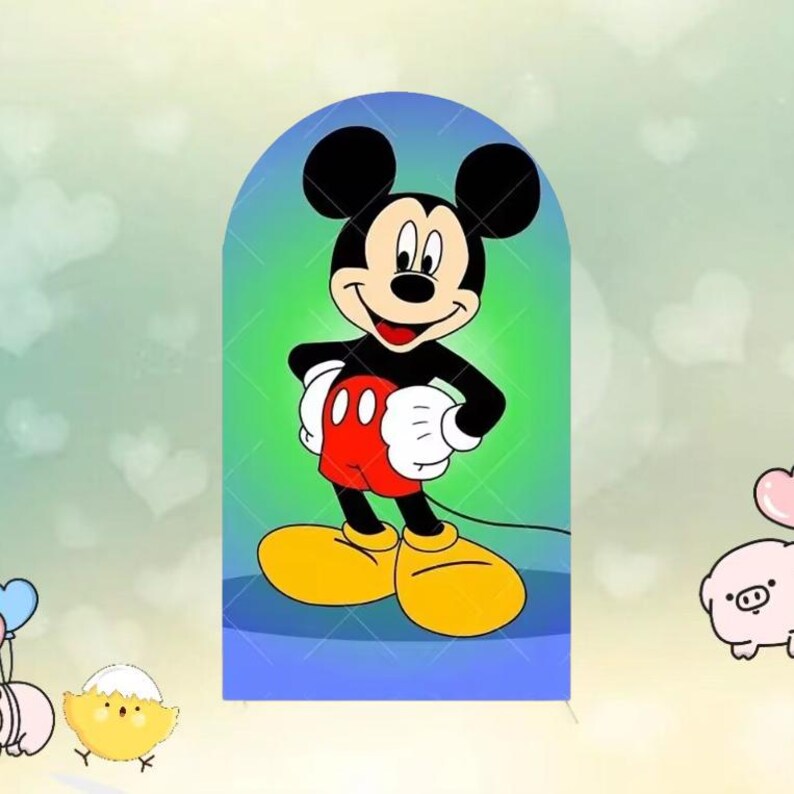 May include: A cartoon illustration of Mickey Mouse, a popular Disney character. Mickey Mouse is depicted with black ears, a black body, red shorts, yellow shoes, and white gloves. The background is a gradient of blue and green.