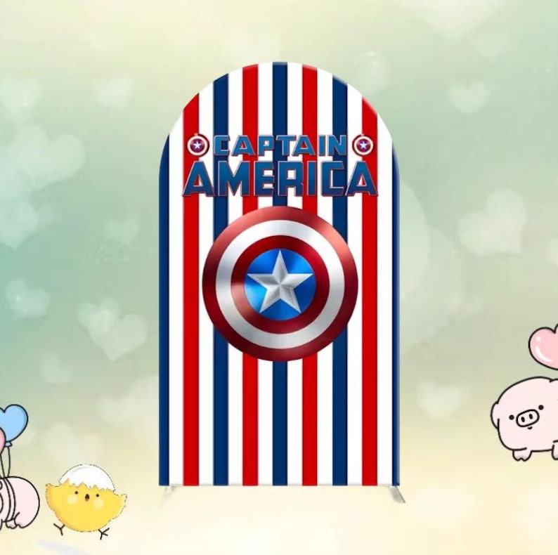 May include: A Captain America themed arch-shaped backdrop with red, white, and blue vertical stripes. The shield logo is centered, and the text "CAPTAIN AMERICA" is displayed above it. The backdrop is likely for a party or event.