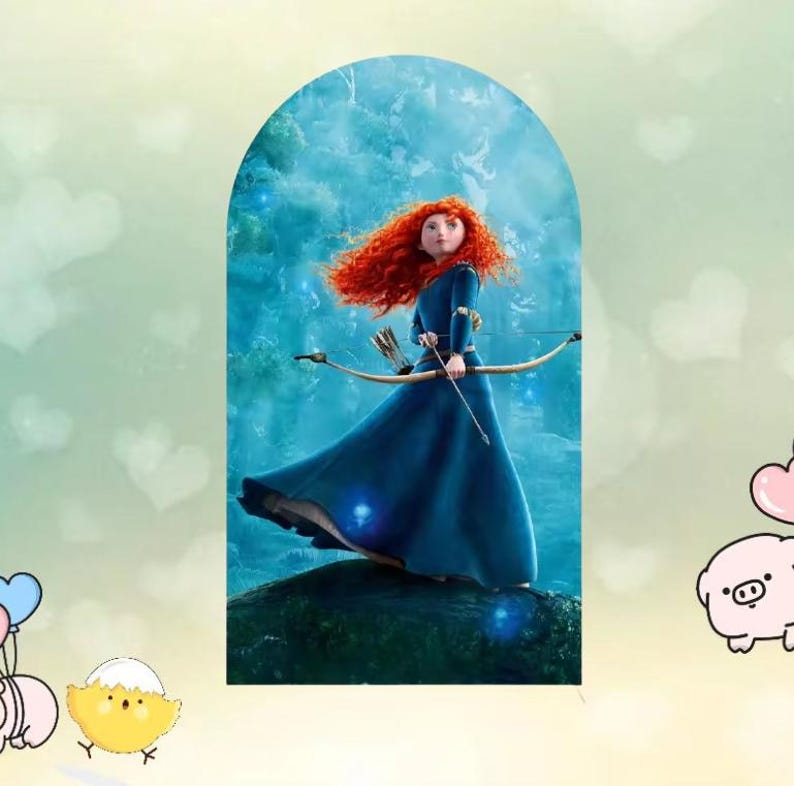 Pode incluir: Ilustra&ccedil;&atilde;o digital de uma personagem com cabelo ruivo, vestindo um longo vestido azul, segurando um arco e flecha. O fundo apresenta uma cena de floresta azul e verde, emoldurada por um arco. A imagem tem um estilo de desenho animado.