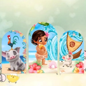 May include: Three illustrated arch-shaped cutouts featuring characters from a children's movie. One shows a pig with a rooster, another a baby girl, and the last a pig on a boat. Each cutout has a beach background with flowers.