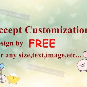 Puede incluir: Imagen con el texto "Accept Customization Design by FREE For any size, text, image, etc..." en rojo y blanco. La imagen tambi&eacute;n presenta cerdos de dibujos animados y un pollito con globos.