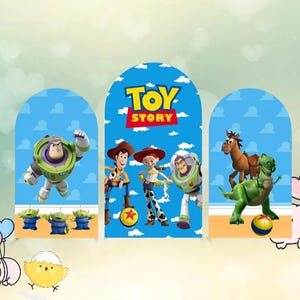 Toy Story Bogen Hintergrund Doppelseite Abdeckung Junge Geburtstag Party Dekoration Baby Shower Blauer Himmel Weiße Wolken Cartoon Foto Hintergrund Chiara Banner