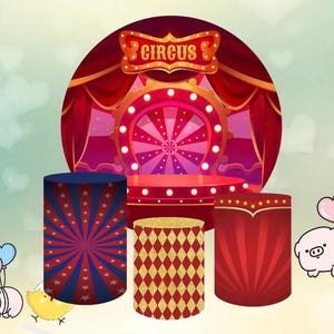 Red Circus Carnival Tent Round Backdrop Customized Kids Birthday Party Banner Baby Shower Circle Photo Background Booth Cylinder Covers