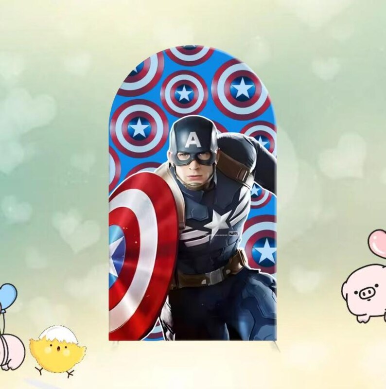 May include: An image of Captain America, holding his shield. The background features a pattern of blue circles with white stars. The character is wearing a blue and white costume and a helmet with the letter "A".