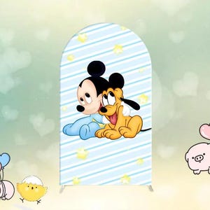May include: A blue and white striped backdrop with yellow stars and a cartoon image of Mickey Mouse and Pluto. Mickey Mouse is wearing a blue onesie and Pluto is wearing a yellow and brown outfit.