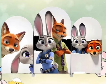Zootopia Boog Achtergrond Dubbelzijdig Cover Nick Judy Voor Babyshower Kinderen Verjaardagsfeestje Decor Disney Foto Achtergrond: