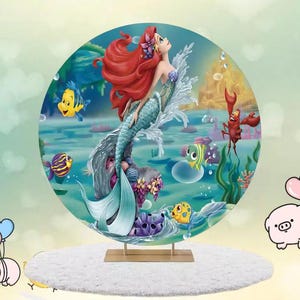 Mermaid Ariel Round Backdrop Disney Cartoon Baby Shower Elastic Cylinder Cover Photography Background Customized Party Decor
