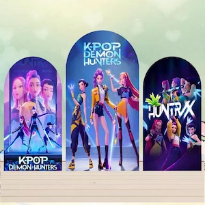May include: Three arched panels featuring stylized illustrations of female characters. The panels display the text "KPOP DEMON HUNTERS" and "HUNTRX". The characters are depicted in dynamic poses, with vibrant colors and futuristic attire.