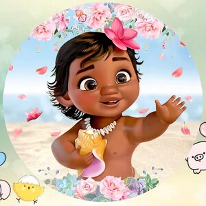 Puede incluir: Una ilustraci&oacute;n de dibujos animados de una ni&ntilde;a beb&eacute; de piel morena con cabello oscuro que lleva una corona de flores y sostiene una concha. El fondo es un cielo azul con p&eacute;talos de flores rosas que caen del cielo.