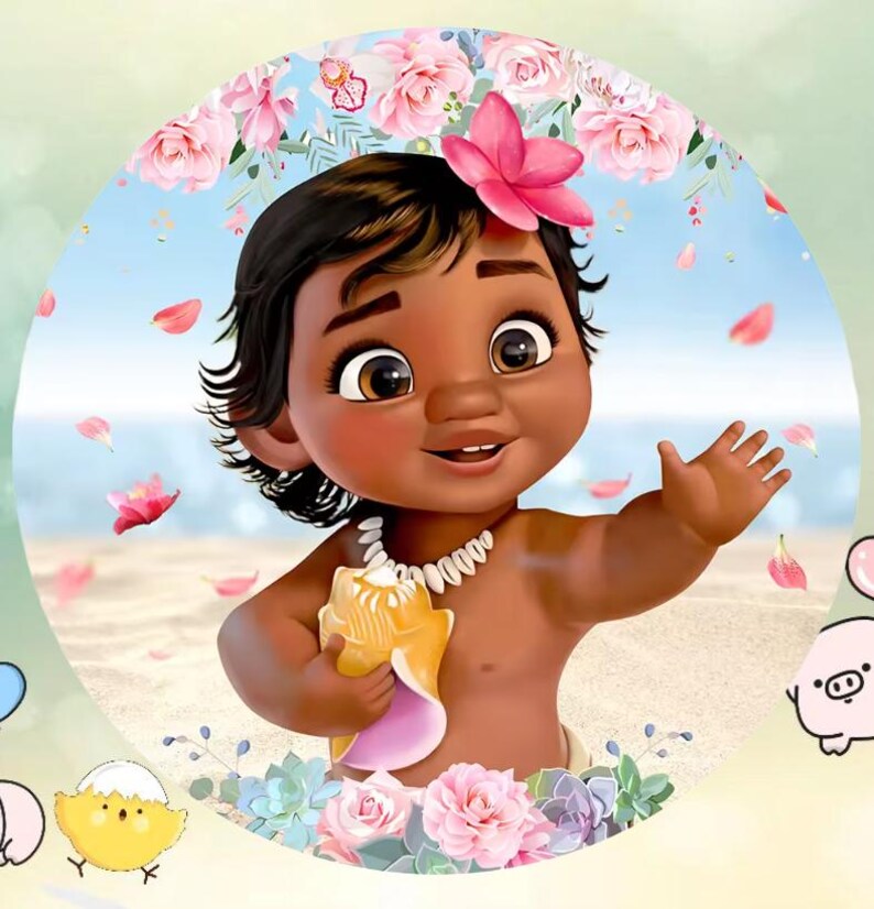 Puede incluir: Una ilustraci&oacute;n de dibujos animados de una ni&ntilde;a beb&eacute; de piel morena con cabello oscuro que lleva una corona de flores y sostiene una concha. El fondo es un cielo azul con p&eacute;talos de flores rosas que caen del cielo.