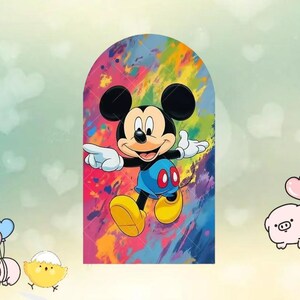 May include: A colorful cartoon illustration of Mickey Mouse, set against a vibrant, abstract background of rainbow hues. Mickey is depicted in his classic attire, pointing with one hand and gesturing with the other.