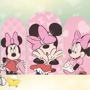 May include: Three panels featuring Minnie Mouse in various poses. Each Minnie Mouse illustration has a pink bow and a red dress. The background is pink with a heart pattern. One Minnie Mouse is drinking from a cup, another is covering her mouth, and the third is holding her hands together.
