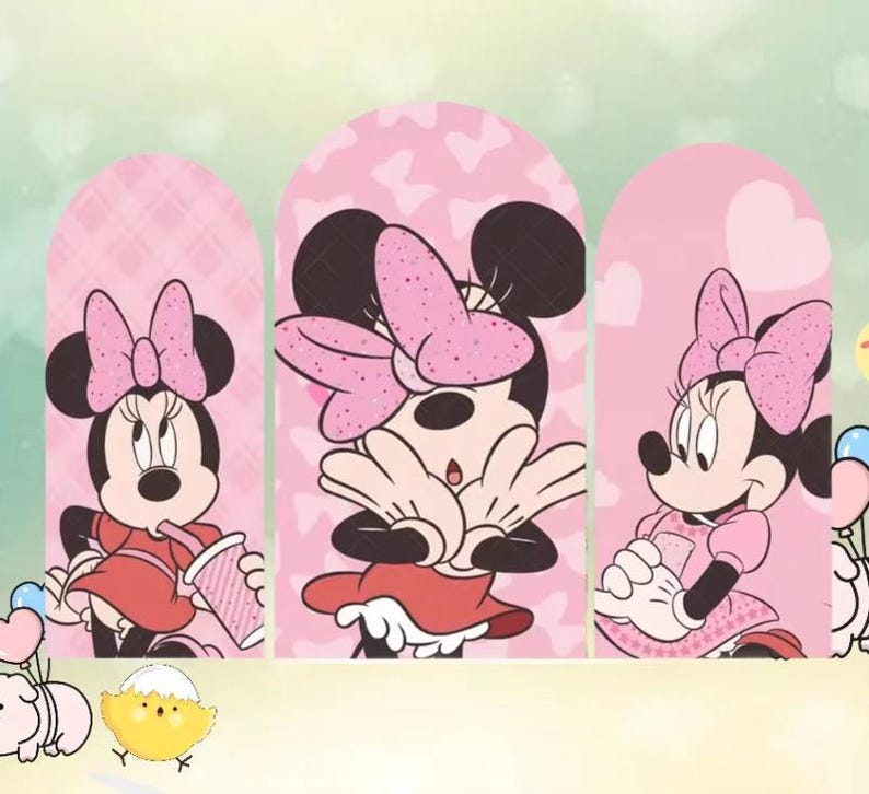 May include: Three panels featuring Minnie Mouse in various poses. Each Minnie Mouse illustration has a pink bow and a red dress. The background is pink with a heart pattern. One Minnie Mouse is drinking from a cup, another is covering her mouth, and the third is holding her hands together.