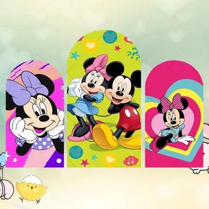 May include: Three colorful cartoon images of Mickey and Minnie Mouse. The first image features Minnie Mouse with a purple bow and polka dot dress. The second image shows Mickey and Minnie Mouse together. The third image shows Minnie Mouse with a pink bow and dress.